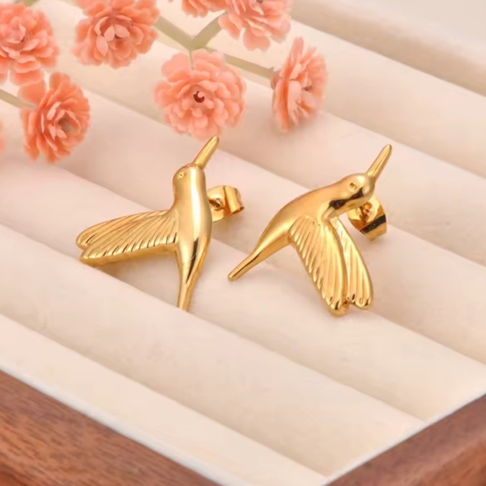 Hummingbird Gold Bird Earrings - Picture 2 of 5